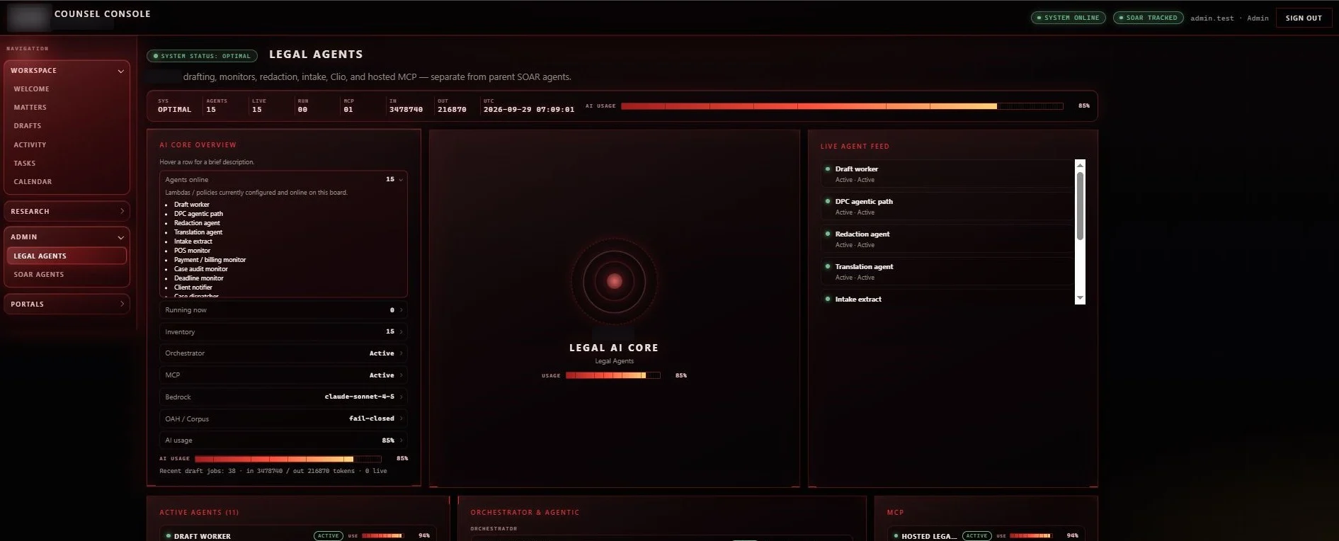 Legal agents: control board: Fifteen legal agents (drafting, monitors, redaction, intake, the Clio bridge, and hosted MCP) with live status and AI usage.