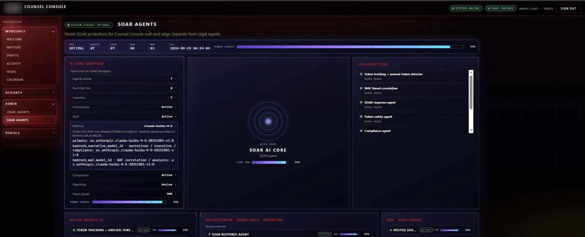 Security isn't bolted on: SEIR under the console: Parent SOAR agents guard the Counsel Console's auth and edge: token tracking, WAF correlation, response, and compliance.